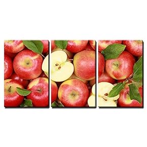 3 Piece Canvas Wall Art - Group of Red Apples with Their Leaves - Modern Home Art Stretched and Framed Ready to Hang - 16"x24"x3 Panels