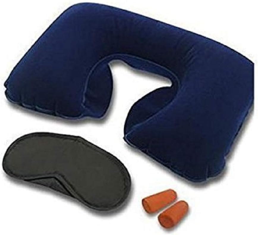 Travel Pillow Support Soft Inflatable Neck Pillow Support Compact & Lightweight with Eye Mask. 2 Sets Earplugs for Sleeping on Airplanes, Car, and Train. Ergonomic One Size Design