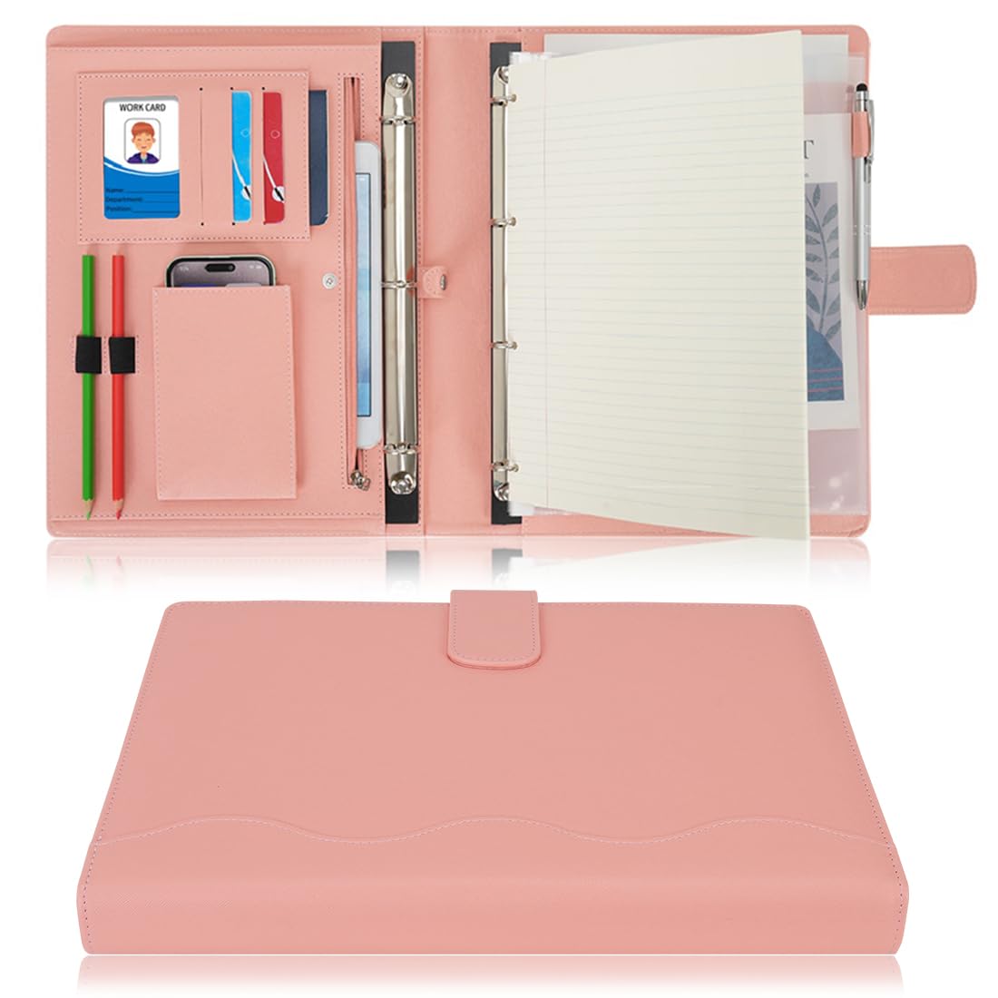Wonderpool A4 PU Leather 4 Ring Holder Writing Portfolio Multi Document Case with Removable Binder Clipboard and Functional Pocket for Organizer Office Travel School (Pink) — image 1