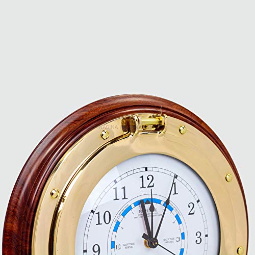 Nagina International Nautical Time Tide Clock On Premium Wooden Base Polished Brass Porthole