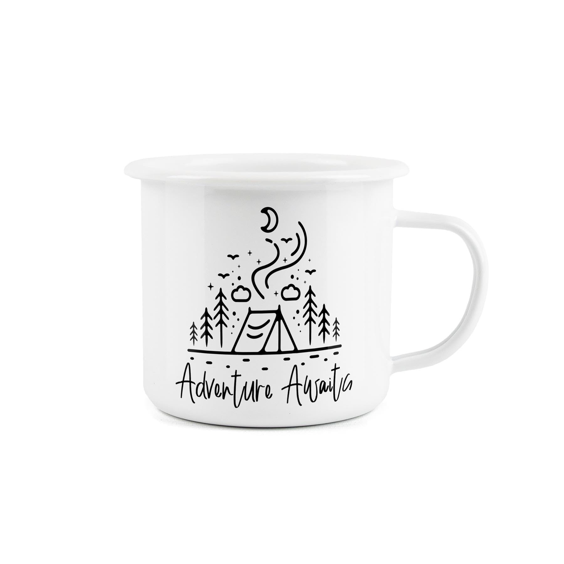 Adventure Awaits Enamel Mug - Camping Gift Durable Hot Drinks White Outdoor Cup - Travel Picnics Home Hiking
