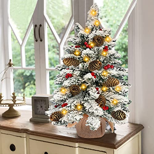 TURNMEON 26" Tabletop Christmas Tree with 60 Lights Timer, Snow Flocked Prelit Mini Small
