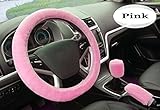 acdiac 3pcs Plush Car Steering Wheel Covers Winter Faux Wool Hand Brake & Gear Cover Set Car Seat Cover Interior Accessories-38cm (Pink)