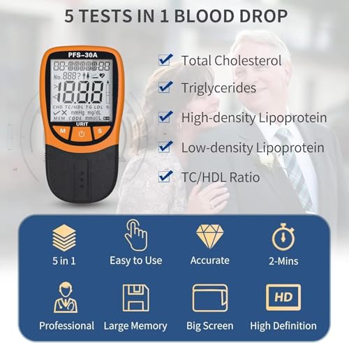 Official Blood Total Cholesterol Test Kit, 5 in 1 Triglycerides Test Kit Professional Grade Quick Blood Lipid Analysis Meter with 10 Cholesterol Test
