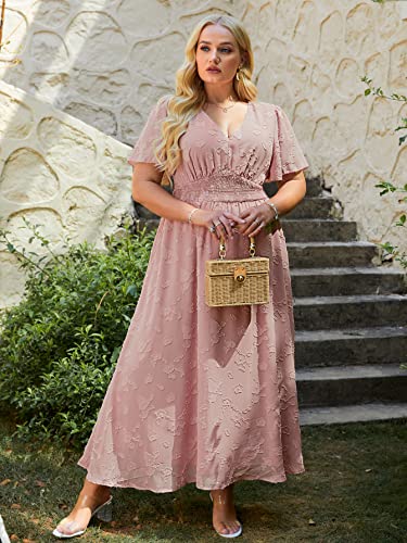 SIMPLEE WOMEN’S PLUS SIZE WEDDING GUEST DRESS SHORT SLEEVE FLOWY FALL FLORAL MAXI DRESS BOHO MATERNITY DRESS FOR PHOTOSHOOT (2XL PINK)