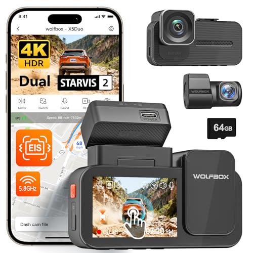 WOLFBOX X5 Duo 4K + 2.5K Dash Cam for Cars, Dual Front and Rear Dashcam with STARVIS 2 Night Vision, Anti-Shake Car Dash Camera, 5.8GHz WiFi GPS, Voice Control, Parking Mode, 64GB Card Included