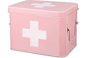 Flexzion First Aid Box Organizer, Empty 8.5 Inch Pink Vintage First Aid Kit Tin Metal Medical Box First Aid Storage Box Conta