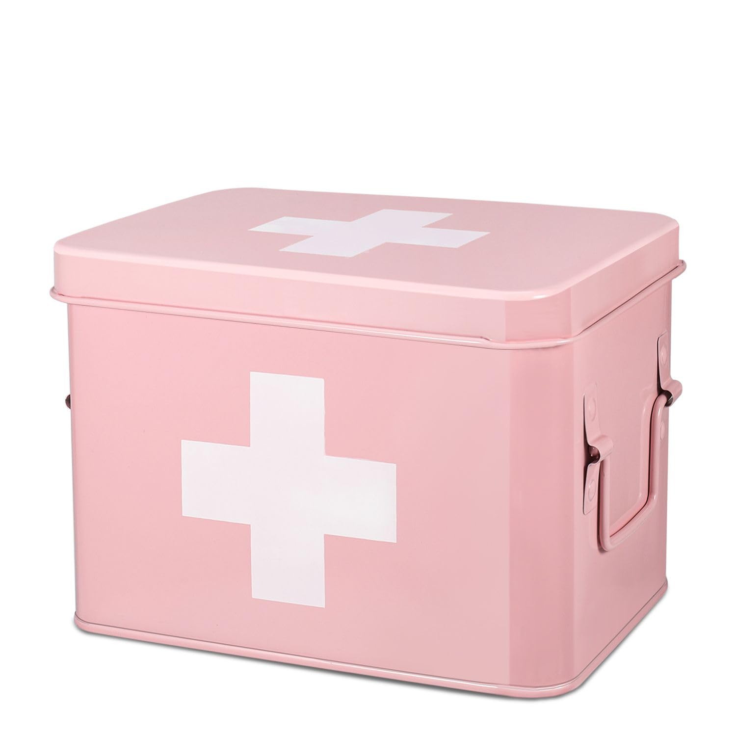 Flexzion First Aid Medicine Box Supplies Kit Organizer - 8.5" Pink Metal Tin Medic Storage Bin Hard Case with Removable Tray White Cross, Vintage Antique Empty Boxes for Home Family Emergency Tool Set