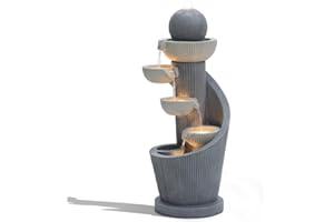 LUXENHÖME LuxenHome 28.7" Resin Spiral Sculpture with Bubbler 5-Tier Outdoor Fountain with Lights Outdoor and Indoor Water Fountain for Gardens, Landscaping, Patios, Balconies, and Lawns Gray