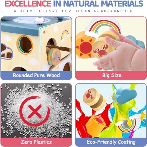 AM ANNA Wooden Activity Cube for Toddlers 1-3, in 1 Ocean Animal Shape Sorter Bead Maze Montessori Toys Baby 6-12 Months,Baby Activity Cube 1-3 Boys Girls Baby Sensory Interactive Birthday Gift