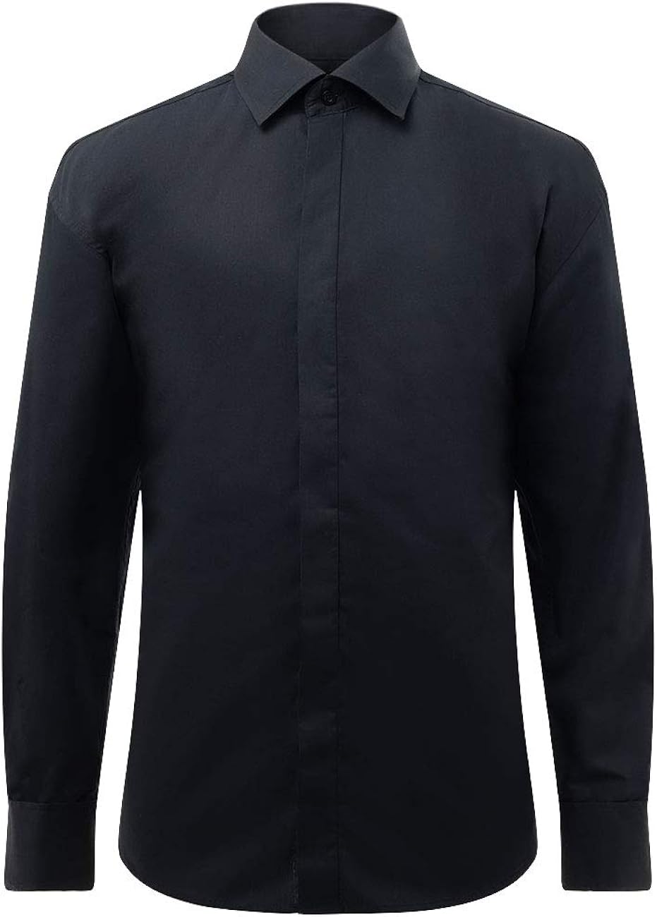 black dress shirt with white collar and cuffs