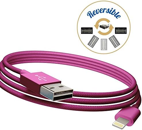 iPhone Charging Cable, Plugs-in on the first try on both sides, Nylon Braided Lightning Connector Charge Sync Cord USB, For iPhone 6 6Plus-5 5S 5C iPad Air Air 2 iPad Mini iPad 2 3 4 iPod touch (Pink)