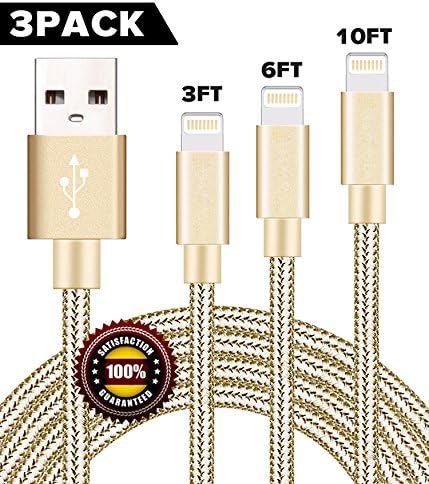BULESK Lightning Cable 3Pack 3FT 6FT 10FT Nylon Braided Certified Lightning to USB iPhone Charger Cord for iPhone X 8 7 Plus 6S 6 SE 5S 5C 5, iPad 2 3 4 Mini Air Pro, iPod Nano 7 Gold