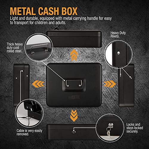 Cash Box with Money Tray- Safe Metal Lock Box- Locking Boxes with Key- Large Storage Lockbox with Safety Holder- Money Saving Organizer- Security Box with Coin Tray Lid