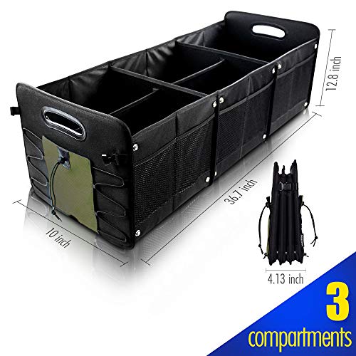 Car Trunk Organizer for SUV [3 Large Compartments] Collapsible Portable Non-Slip Bottom with Tie Down Straps (Green) - Thumbnail 5