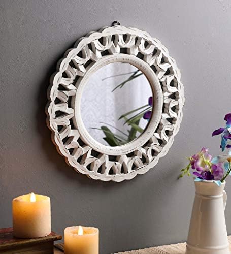 The Urban Store Decorative Hand Crafted Wooden Round Shape Vanity Wall Mirror Glass for Living Room, Bathroom, Bedroom (14"x 14" Inches)