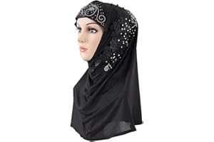 Women's Floral Chiffon Hijab - Muslim Long Scarf Wrap With Lace Flower, Islamic Full Cover Head Cap