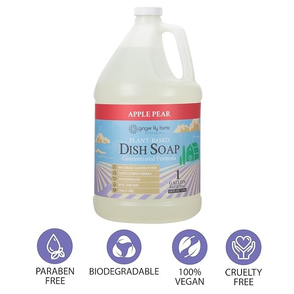 GINGER LILY FARMS BOTANICALS PLANT-BASED LIQUID DISH SOAP, CONCENTRATED FORMULA WITH MAX GREASE CLEANING POWER, CRUELTY-FREE, APPLE PEAR SCENT, 1 GALLON REFILL (128 FL. OZ.)