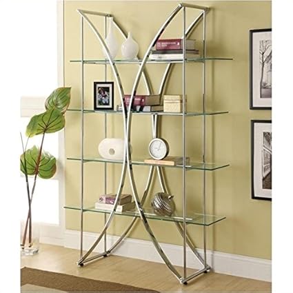 Bowery Hill X Motif Bookshelf with Floating Style Glass Shelves in Chrome