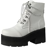 LUXMAX Women Buckle Goth Chunky Platform Ankle Boots Lace Up High Heel Motorcycle Boots with Chain