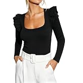 BONITEE Women Sexy Square Neck Going Out Tops Ruffle Long Sleeve Top Shirts | Sexy Suqare Neck Slim Fit Long Sleeve Tops Ribbed Knit Tank Top Casual Ruffle Sleeve Shirts Cute Laca Trim Blouses T-shirt