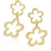 Unique Handmade Double Flower Dangle Drop Earrings Gold Plated Elegant Chic Hollowed-out flowers Statement Dangling Studs Hypoallergenic Evening Party Jewelry for Women