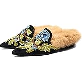 Fericzot Slip On Loafers Womens Embroidery Mule Shoes with Plush Lamb Fur Velvet Slippers Backless Pointed Toe Mule Slides