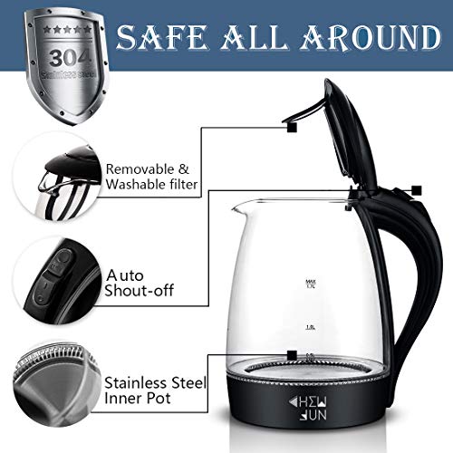 Glass Electric Kettle(BPA-Free), 1500W Fast Water Boiler with LED Indicator 1.7 Liter Cordless Hot Water & Tea Heater with Auto Shut-Off and Boil-Dry Protection, British Otter Thermostat Control, Easy to Clean by CHEW FUN