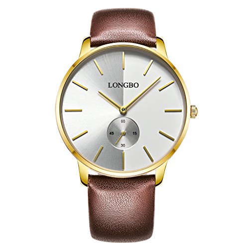 LONGBO Simple Men's Brown Leather Band Analog Quartz Business Watch Gold Case Couple Dress Watch Fake Chrono Eye Minimalism White Dial Wristwatch For Gentleman