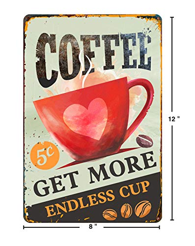 GSS Designs Get More Coffee Metal Tin Sign (12x8 Inch) - Vintage Feel Rustic Home Bathroom Bar Wall Decor Metal Tin Decorative Sign Plaque (MTS-002)