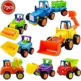 Scientoy Toy Cars, 7 pcs Construction Vehicles, Friction Power Cars Set for Kids, Excavator, Bulldozer,Tractor, Dump Tuck,Cement Mixer Toy Truck, Roller, Best Car Toys for 1 2 3 Year Old