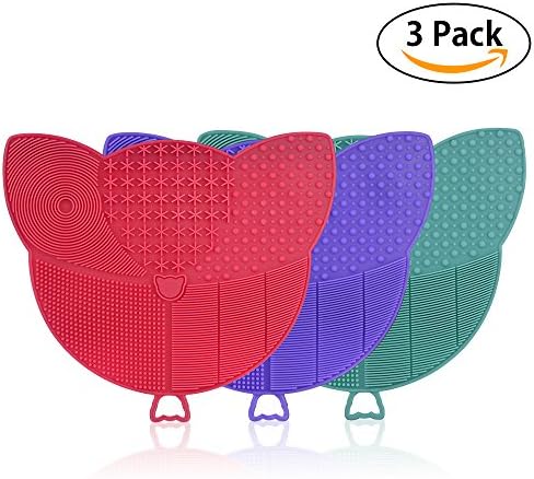Makeup Brush Cleaning Mat, AHIW Silicone Brush Cleaner Pad Set, 3pcs Cosmetic Washing Tool Scrubber Suction Cup Kit Beauty with Handy Hook, Portable Drying Tower Plate- Cat Shape