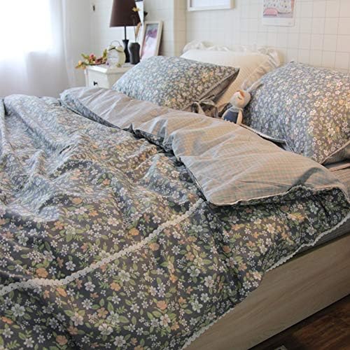GWW Cotton Vintage Floral Duvet Cover Set,Lovely Lace Quilt Cover All Seasons Ultra Soft 4piece Bedding Set with Zipper Closure Corner Ties-a 220x240cm(87x94inch)