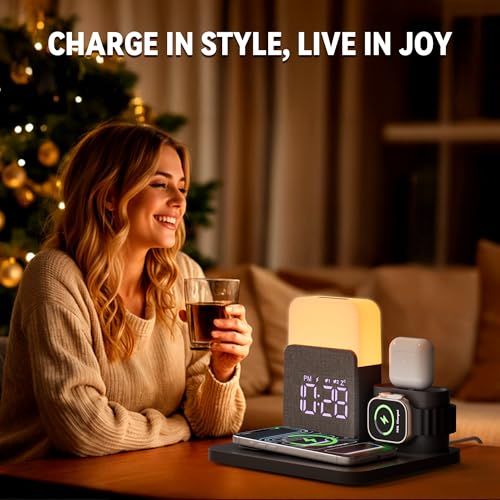 5 en 1 Station de Charge pour A-pple Reveil Chargeur Induction pour i Phone 17-11 pour air-pods A-pple Watch Chargeur sans Fil avec Lampe pour la Chambre à Coucher Adaptateur Inclus