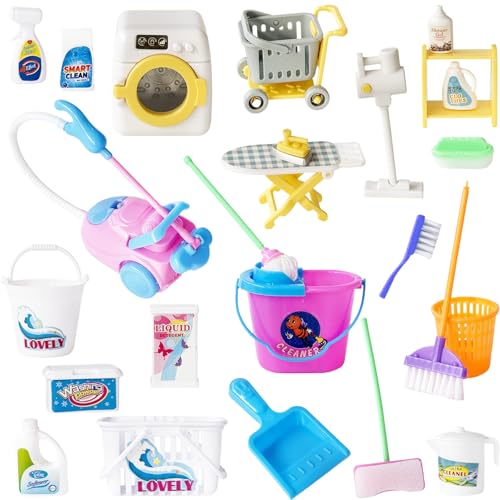 25 Pieces Miniature Doll Housework Cleaning Supplies,Mini Dollhouse Accessories Tools Mop Dustpan,Brush,Broom,Bucket,Dollhouse Furniture Decoration Accessories for Dolls Pretend Play,Random Color