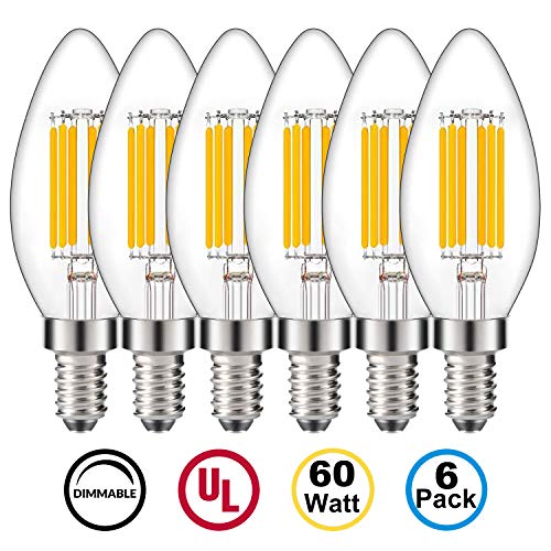 Joddge E12 Candelabra Light Bulb Dimmable C35 LED Chandelier Bulbs B11 6W Equivalent 60 Watt CA11 Candle Light No Flicker Clear Glass 2700K Warm White – [UL Listed] (6 Pack)