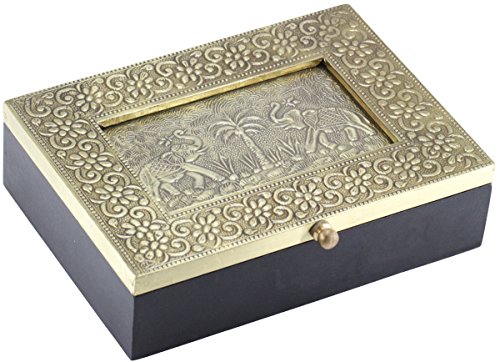 SouvNear 7.5 Inch Metal Sheet and Wooden Jewelry Box with Dancing Elephant Photo Frame and Glass