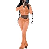 Chatinction Women's 2 Piece Outfit Velour Zip Up Crop Jacket and Bell Bottoms Long Pants with Pockets Tracksuit Set