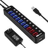 KINFAYV Powered USB Hub Splitter - 11 Ports High Speed USB 3.0 Hub (7 ports USB Data Hub + 4 Smart Charging Ports) with Individual On/Off Switches & Power Adapter for MacBook, Laptop, PC, Smartphones