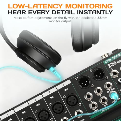 XTUGA CT80 8 Channel Audio Mixer for PC Recording Professional Sound Board Built-in Digital Effect Studio Mixer with 48V Phantom Power RCA Input Output MP3Bluetooth EQ