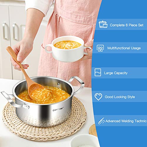 COSTWAY 6 Piece Stainless Steel Cookware Set, Induction Cooking Pots