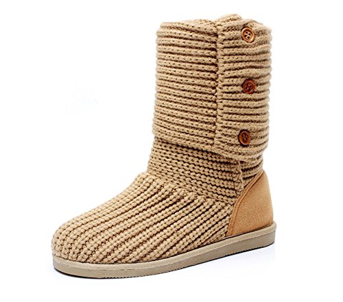 Cosplayjoy Women Autumn Winter Warm Knee Boots Wool Knitting Snow Boots Flat Mid-Calf Boots (7.5)