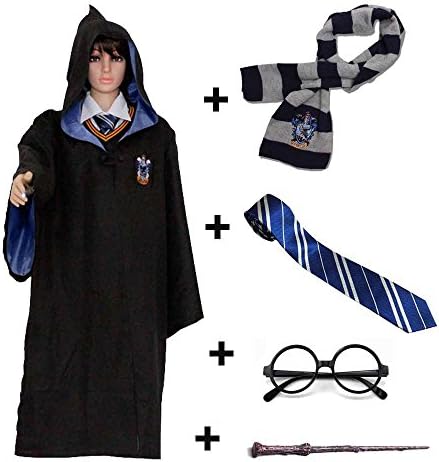 Osmanluer Adult Kids Ravenclaw Gryffindor Hufflepuff Slytherin Robe Cloak Wand Suit (M(Adult), Blue)