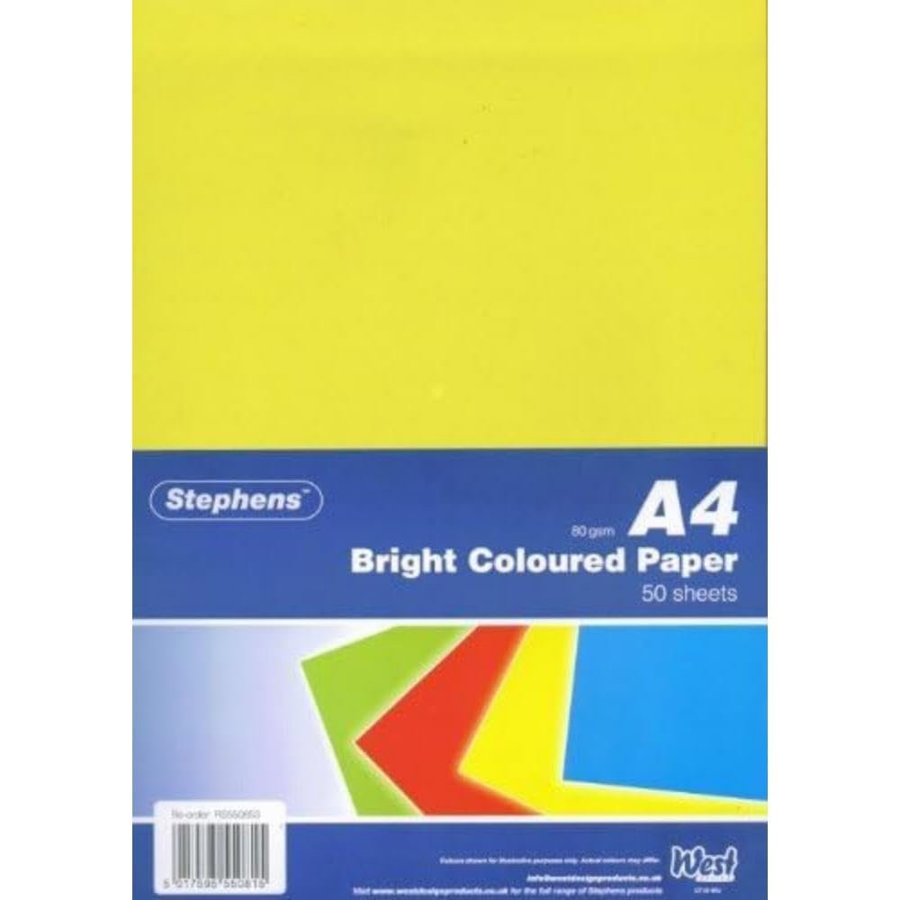 Stephens Bright Coloured Paper A4 80gsm 50 Sheets, Great for Printing, Photocopying, Card Making, Decoupage, Scrapbook Designs, Perfect Cardboard Base for Craft Projects, Essential Stationery Item