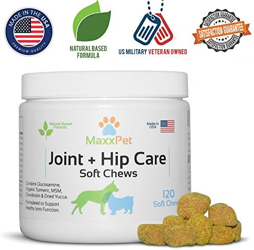 MaxxPet Dog Joint and Hip Chews | Natural Supplement Supports Joint Health | Made in the USA | Glucosamine, Organic Turmeric, Dried Yucca, MSM | Dog Chewable Treat | 120 Soft Chews