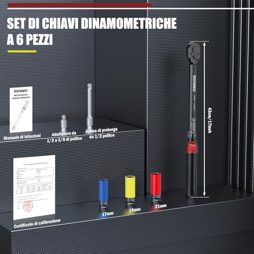 Torque Wrench 1/2" 20-230 Nm - 6 Pieces Car Torque Wrench 72 Teeth Ratchet with Extension Bar & Adapter 1/2" to 3/8" & Sockets 17mm/19mm/21mm for Car, Motorcycle, Tire Change