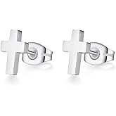 REVEMCN 925 Sterling Silver and Stainless Steel Cross Stud Earrings for Women Men, 3 Pairs