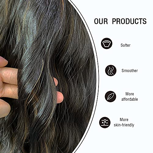 UHIBROS Short Wavy Wigs Black Highlight With Natural Bangs Shoulder Length Wig For Women Ladies Synthetic Heat-Resistant For Party Daily (Black Mixed Brown )