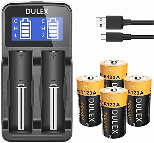 DULEX 4 Pack CR123A Rechargeable Batteries 3.7V 16340 Lithium ion Camera Batteries wth LCD Display Smart Battery Charger for Arlo Security Cameras led flashlight
