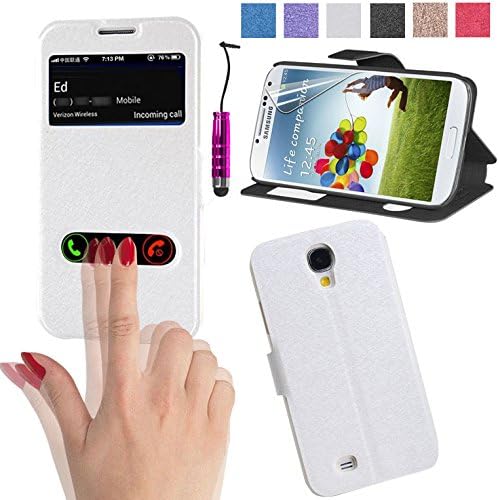 galaxy S4 Case - Super thin Double View Window Folio Leather Case Stand Cover + Free Screen Protector + Stylus for Samsung Galaxy S4 I9500 I9505 Sph-l720 Sgh-i337 Sch-i545 Sgh-m919 Sch-r970 (white)